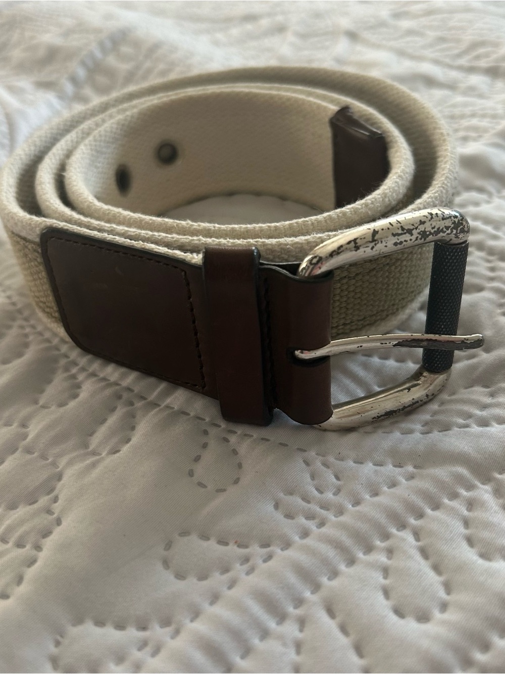 Cole Haan Cream Canvas Belt with Brown Leather Trim